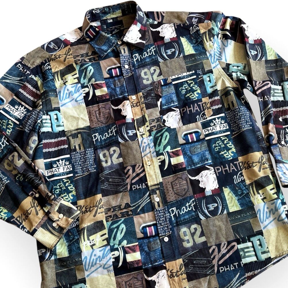 Vintage Phat Farm Y2K Button Up Shirt Men XXL Logo Patchwork Hip Hop Long Sleeve